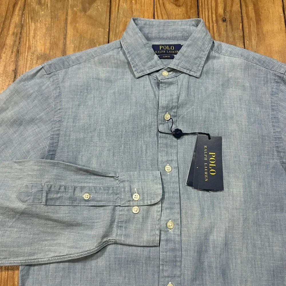 NWT‎ Polo Ralph Lauren Shirt Mens 15 38 Blue Button Up Slim Fit